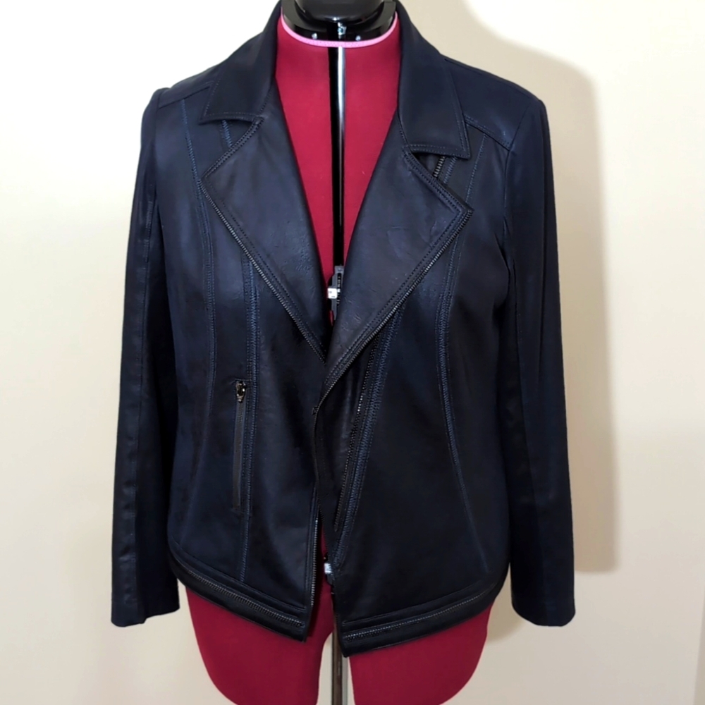 Vex| Blue Faux Leather Jacket With Zipper Detailing 2 Faux Zippered Pock…